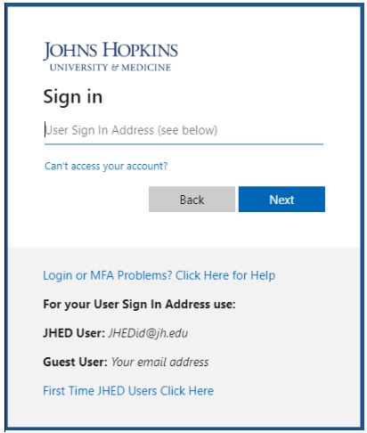 jhu sign-on screen