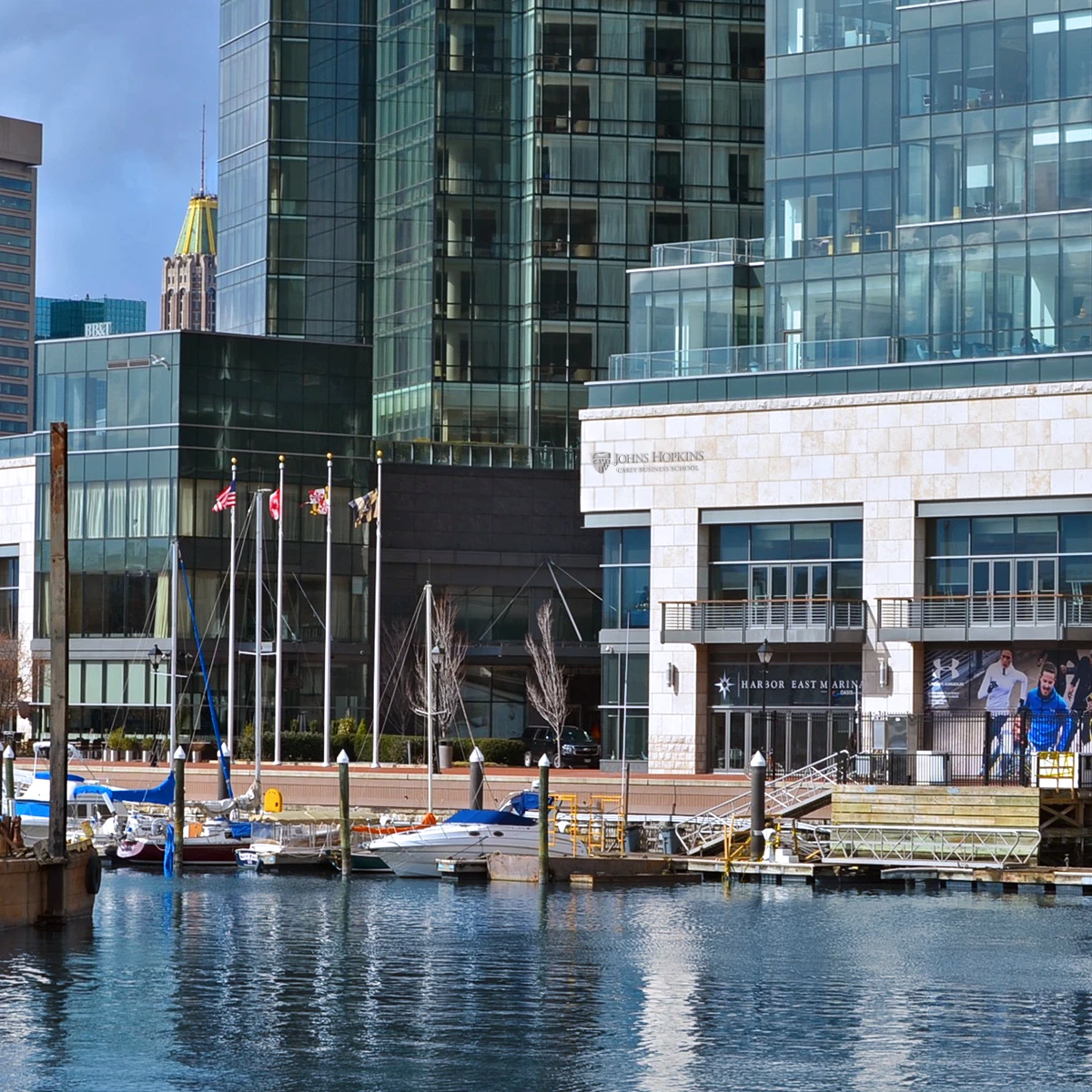 Carey Business School building on the harbor.