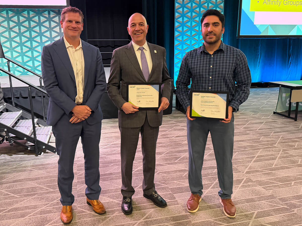 Dean Alex Triantis for Excellence in Service, and Assistant Professor of Practice Javad Abed’s HealthGuard VR simulator for Cybersecurity Training with AI and VR presented with awards