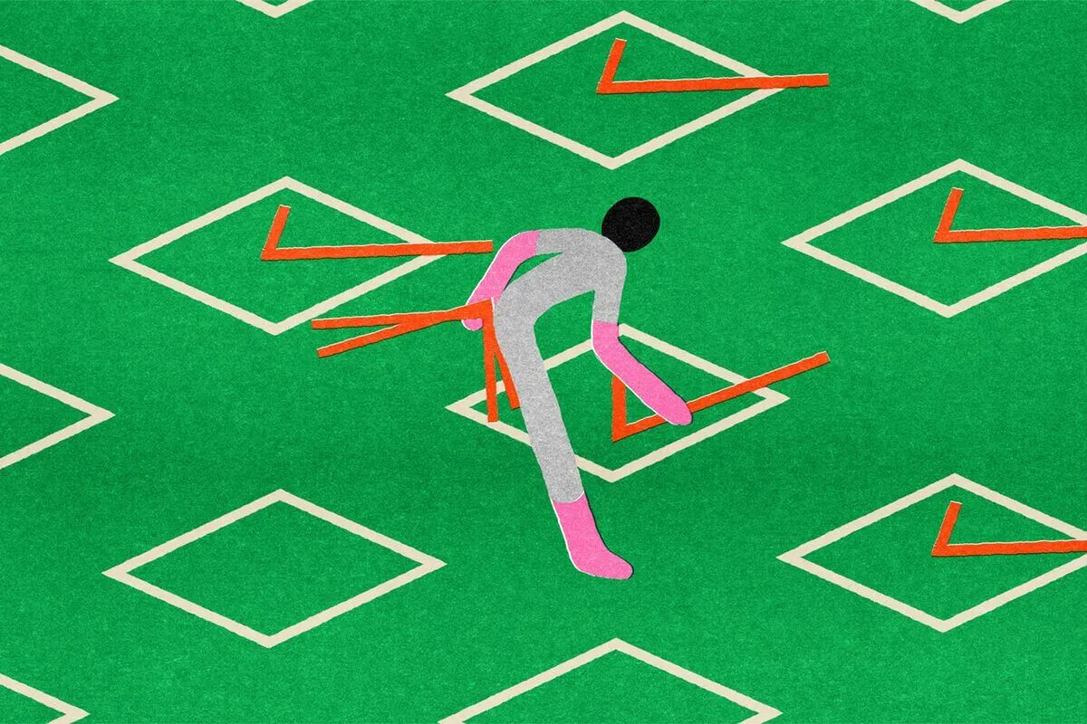 graphic illustration of man placing check marks in checkboxes on the green ground. 