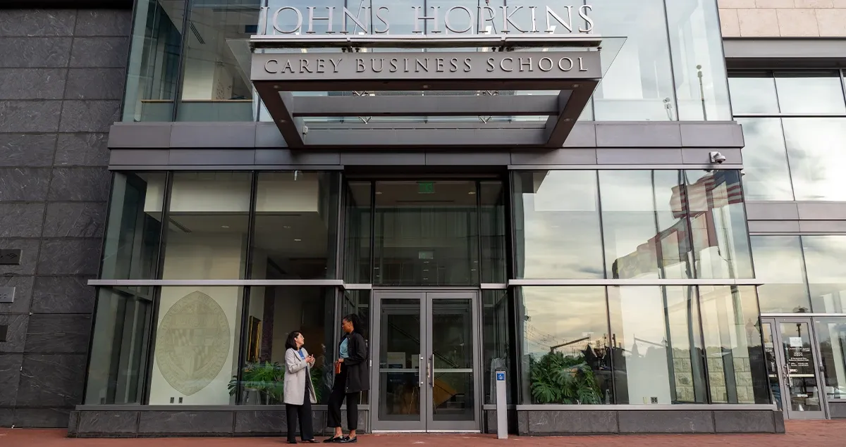 Entrance of Carey Business School in Baltimore, Maryland.