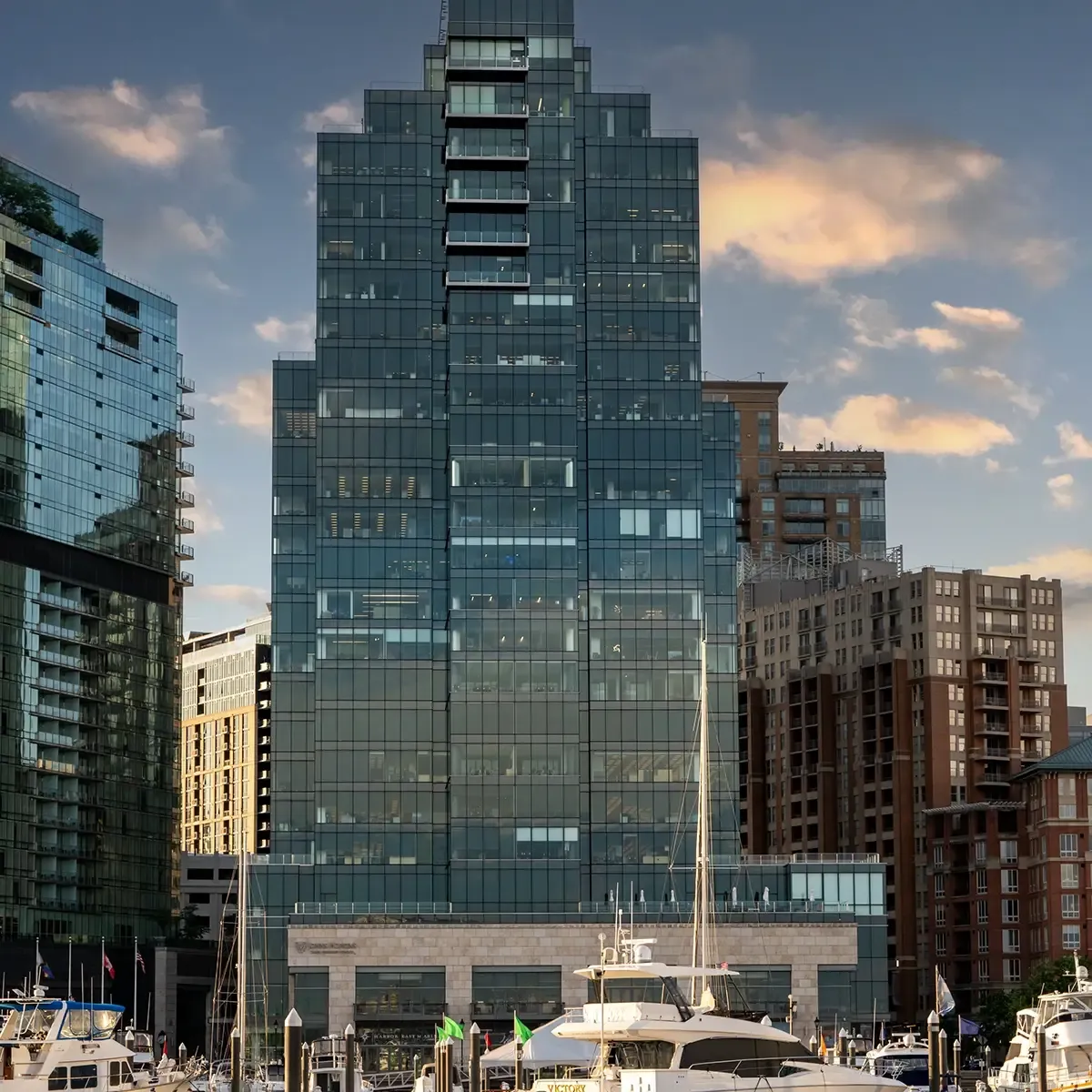 Photo from the harbor at front of Carey Business School’s Baltimore location, 100 International Drive, Baltimore, Maryland, 21202