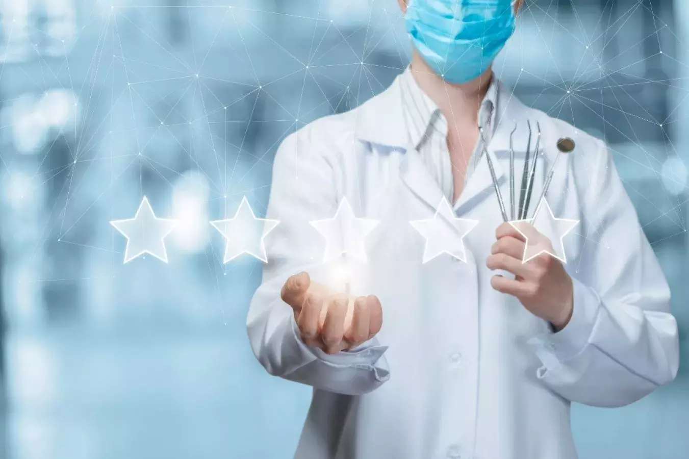 doctor in labcoat and mask with five stars
