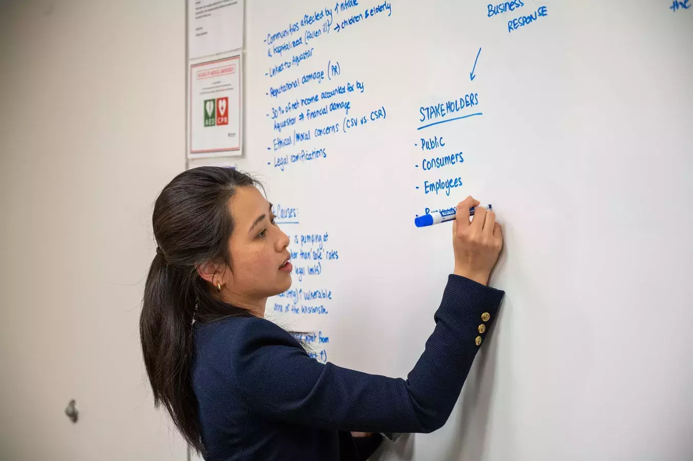professor writing on a white board about the stakeholders of a toxic spill