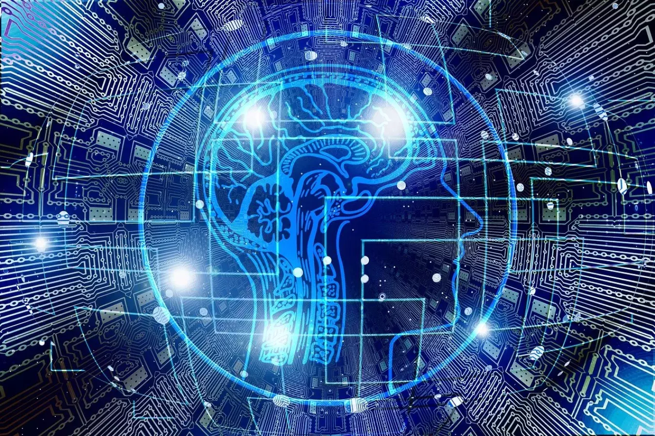 graphic of a brain as the neuro center surrounded by circuits spreading in all directions 3 dimentionally