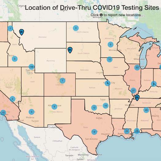 map of US indicating drive-thru covid19 testing sites across America with confirmed cases