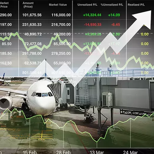 illustration of a stock chart with airlines on a tarmack connected to a passenger boarding bridge, a large jagged arrow with an up trend. 