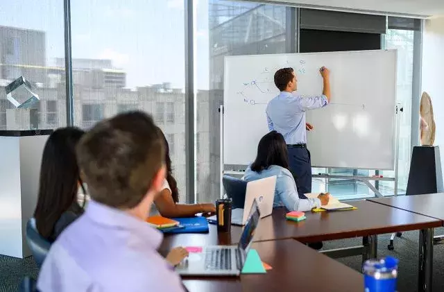 small room in JHU Carey with 4 students sitting at tables taking notes; an instructor creates a yes no decision tree, Tags: risk management MBA, business analytics MBA , business analysts