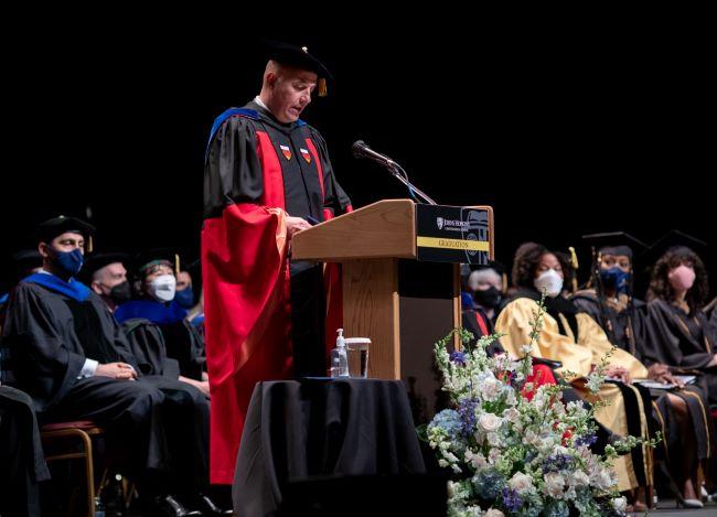 Dean Alex Triantis speaking at 2022 graduation