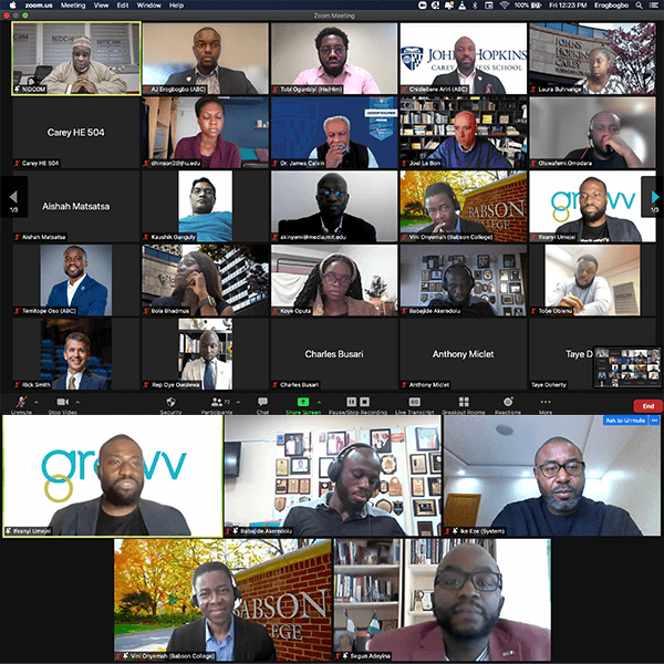 African business club meeting virtually with screen captures of each cam