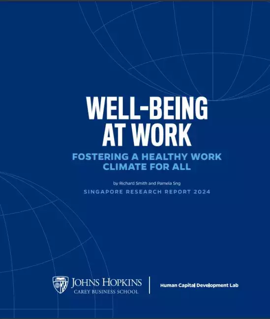 Text "Well-being At Work: Fostering a Healthy Work Climate for All by Richard Smith and Pamela Sng Singamore Research Report 2024" appears over a navy blue background with a line drawing of a globe in the upper right and lower left corners. The JHU Carey Human Capital Development Lab logo appears at the bottom. 