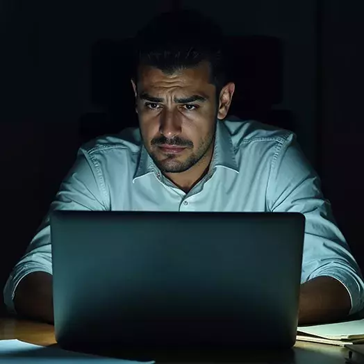 man with concerned look sitting behind a laptop in darkened room