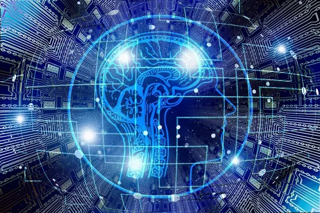 graphic of a brain as the neuro center surrounded by circuits spreading in all directions 3 dimentionally 