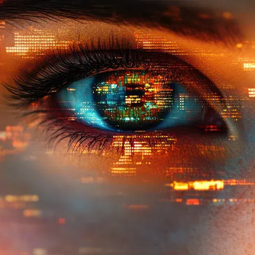 montage of female human eye with city nightlights and patterns superimposed