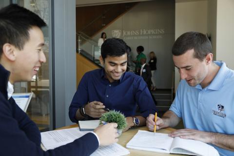 students working together in the lobby of the Baltimore campus of the Johns Hopkins Carey Business School