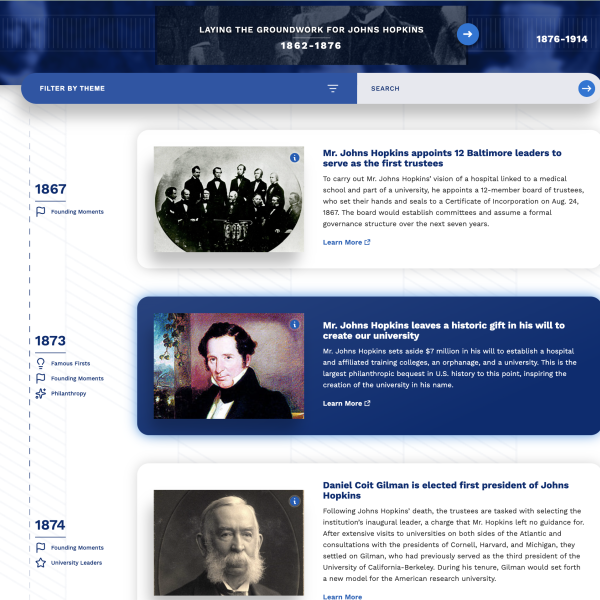 Screenshot of the Johns Hopkins University Timeline: 150 Years of Discovery and Impact